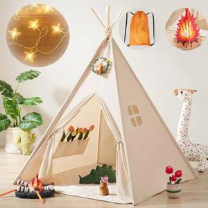 Tiny Land Kids-Teepee-Tent with Lights & Campfire Toy & Carry Bag, Foldable Toddler Tent for Kids - Washable Teepee Tent for Kids Indoor Tent, Outdoor Play Tent for Boys & Girls (Off-white Kids Teepee)