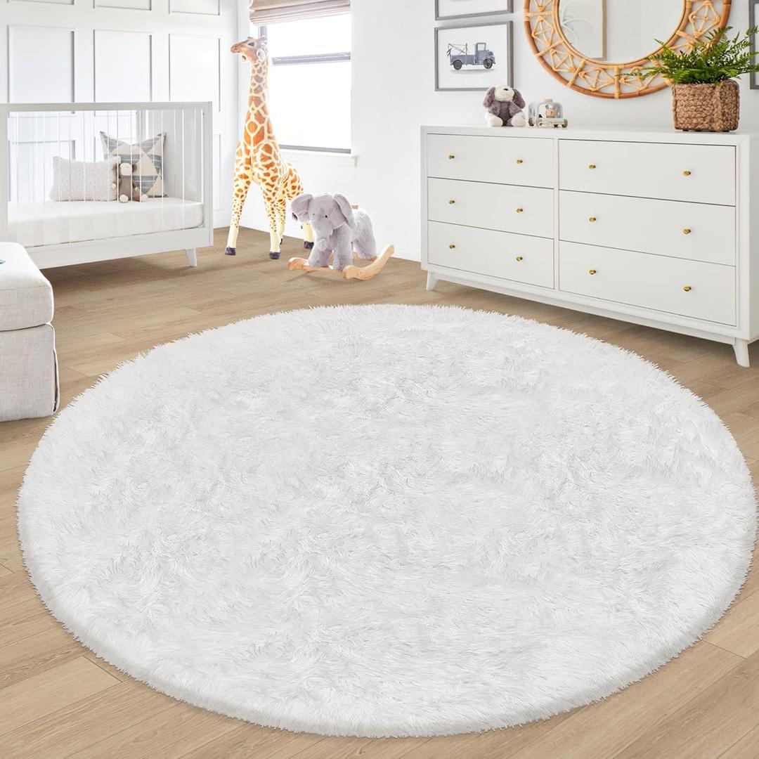 7 ft Round Fluffy Large White Rug for Bedroom,Tie Dyed Furry Round Carpet Non Slip Fuzzy Shaggy Plush Circle Area Rug for Living Room Room Nursery Room Playroom Kids Room Home Decor Washable