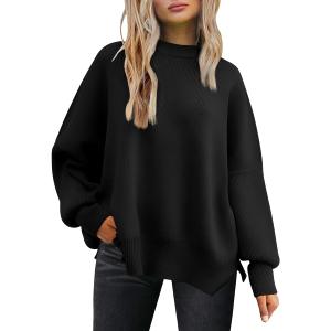 LILLUSORY Women's Oversized Batwing Sweaters 2025 Fall Outfits Trendy Crewneck Knit Side Slit Fashion Pullover Tops (Large, Black)