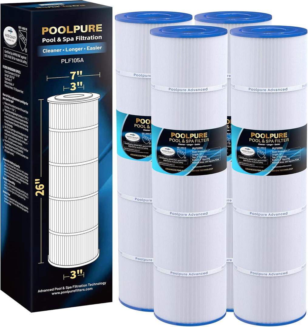 POOLPURE PCC105-PAK4 Replaces Pentair CCP420, 178584, Ultral-A6, Unicel C-7471, 817-0106, R173576, Filbur FC-1977, 570-0425-07, Pentair Clean and Clear Plus 420, L x OD: 26"x7", 4X105 sq.ft. Cartridge