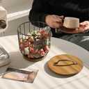 Coffee Pod Basket Holder - Large Capacity Black with Wood Lid | Display Coffee Pods & Espresso Capsules on Countertop, Rustic Wire Mesh Storage Bin with Decorative Wood Cover for Kitchen Decor