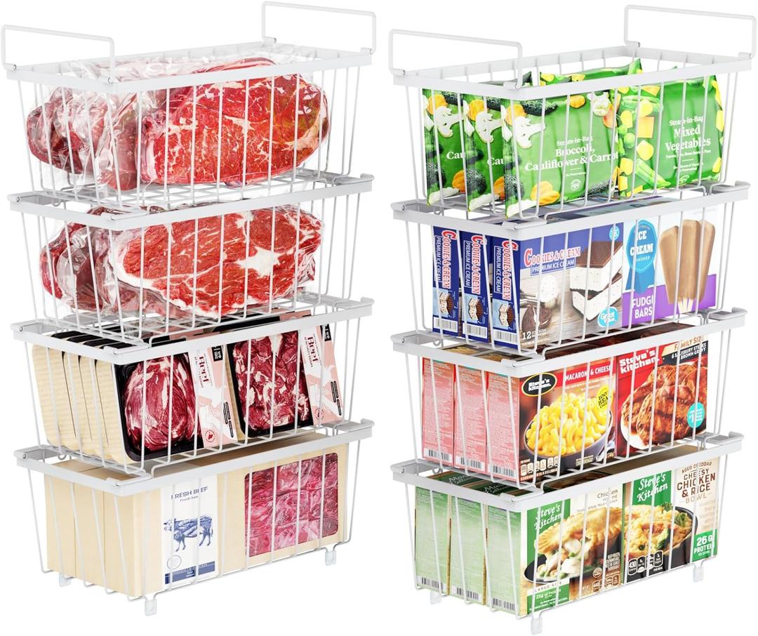 iSPECLE Deep Freezer Organizer Bins - Fits 7 Cu.Ft Chest Freezer, 8 Pack Stackable Wire Baskets(14.7" Length), Heavy Duty Coated Freezer Organizer, Rust Resistant for Frozen Food Sorting, White