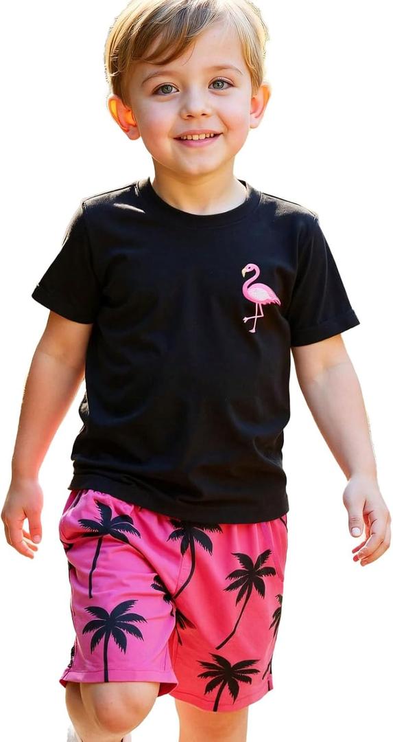 Cute Casual Outfits for Boys, Black Short Sleeve T-Shirt and Hawaiian Shorts Boys' Flamingo Print Clothing Sets (Black) Black, 5T