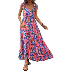 PRETTYGARDEN Women Dresses 2025 Summer Floral Sleeveless Maxi Dress Casual Spaghetti Strap Tiered Flowy Beach Long Dress (XX-Large, F-blue Pink)