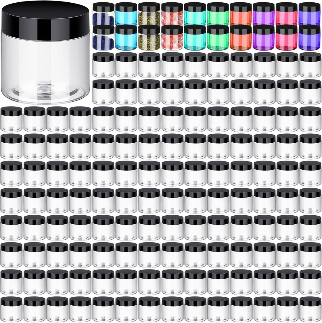 Aoriher 150 Pcs Plastic Container Jars with Lids Round Cosmetic Jars Empty Plastic Container for Lotion, Cream, Ointments, Makeup, Eye Shadow, Rhinestone, Samples, Pot, Travel Storage(2 oz,Black)