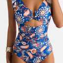 Women's One Piece Swimsuits Tummy Control Ruffle Bathing Suit Cutout Slimming Swim Suit V Neck Ring Linked Swimwear (Blue, XL)