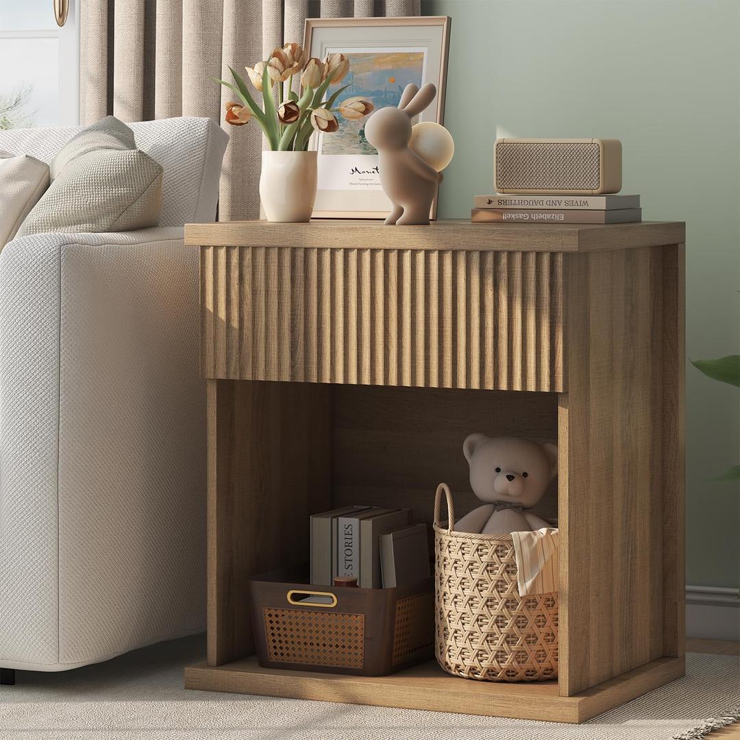 Fluted Nightstand, 22.8" Wide Nightstands with Drawer Storage Large Wood BedsideTable Night Stand for Bedroom, Natural Oak (1pc)