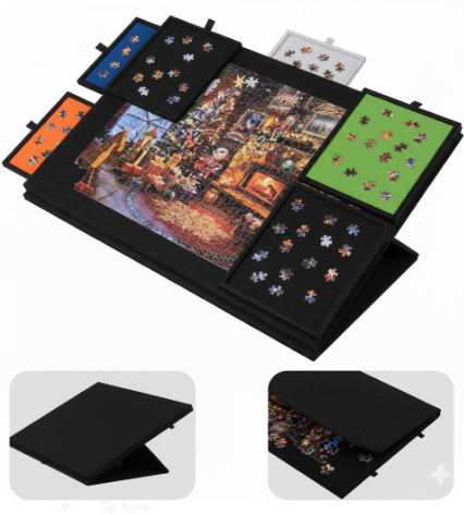 Lavievert 1500 Piece Tilting Puzzle Board with 2-in-1 Designed Stand & Cover, Lightweight Felt Mat Plateau with 6 Colored Drawers, Portable Jigsaw Puzzle Table with Storage for Adults Black