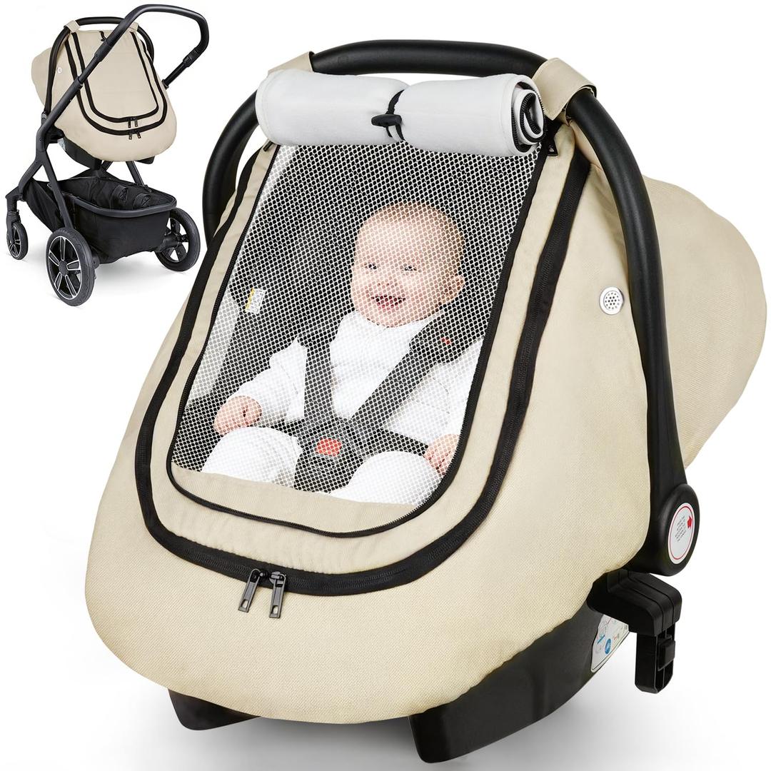 Rquite Car Seat Cover Baby, Winter Carseat Covers Boy Girl, Waterproof Infant Car Seat Cover Warm Car Seat Canopy for Cold Weather, Windproof Baby Carrier/Stroller Cover with 2 Layers Windows, Beige