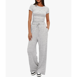 Darong Women's 2 Piece Set Outfits Lounge Sets Ruched Short Sleeve Tops High Waisted Wide Leg Pants Tracksuit Sets S