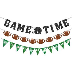 Pre-Strung Football Banner Garland - NO DIY Glitter Game Time Birthday Banner Garland Triangle Flags Banners for Football Party Decorations Indoor and Outdoor