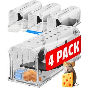 Motel Mouse Humane Mouse Traps No Kill Live Catch and Release 4 Pack - Reusable, Easy to Use & Clean, No Touch Release, Sensitive Includes Cleaning Brush, Instruction Manual & Video - Mousetrap Indoor