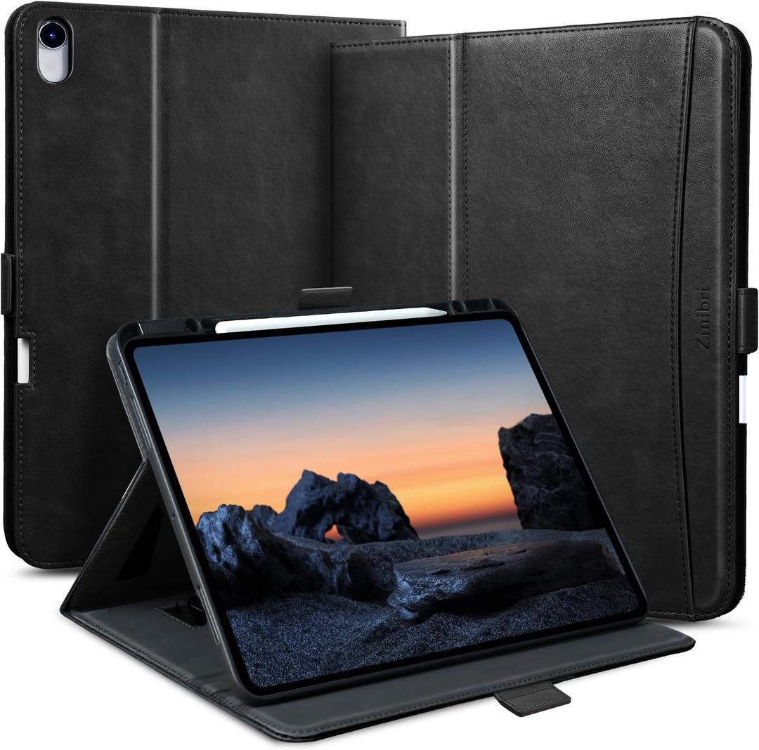 Handcrafted Case for iPad Air 13 Inch M3 2025/M2 2024 A3268 A3269 A2898 A2899 with Pencil Holder & Hand Strap & Pocket,Magnetic Clasp,Multi Angles Stand,Folio Cover,Auto Sleep/Wake,Black
