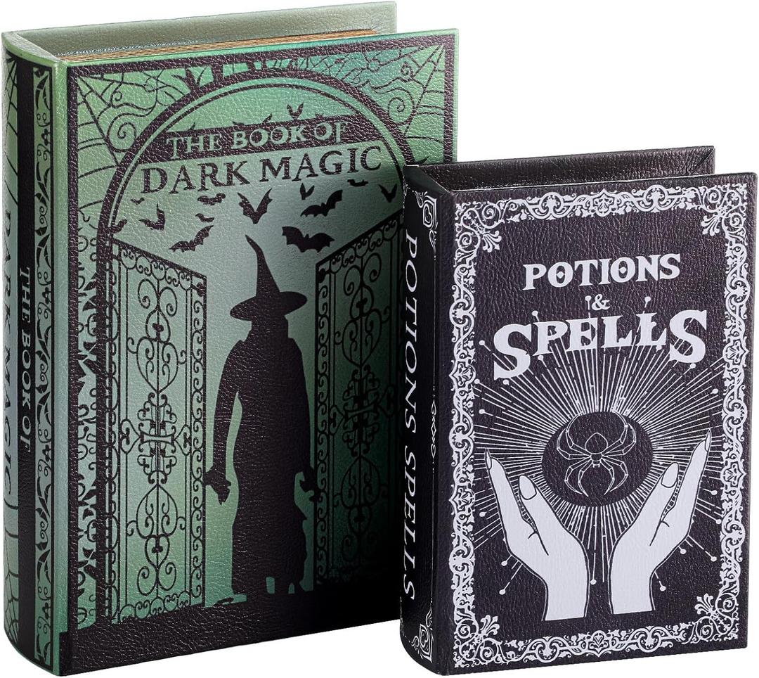 Set of 2 Magic Nesting Halloween Books Decoration Witch Potion Dark Magic Pattern Spooky Holiday Themed Fake Faux Hollow Book Boxes Decorative Vintage Gothic Jewelry Trinket Storage Box