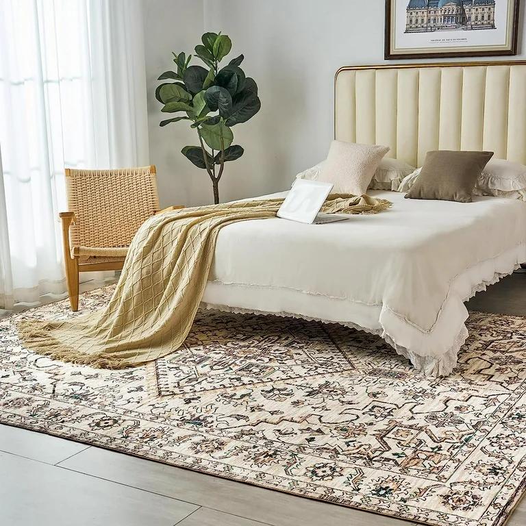 VK·LIVING Area Rugs Machine Washable Rug 8'x 10' Vintage Design Area Rugs with Non Slip for Living Room Bedroom Traditional Woven Carpet Stain Resistant, Home Decor Office Boho Rug