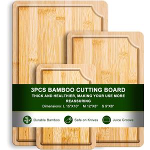Bamboo Cutting Board-3 Piece Set, Kitchen Bamboo Cutting Board With Juice Slot And Built-In Handle, Used for Cooking, Meat, Vegetables and Cooked Food