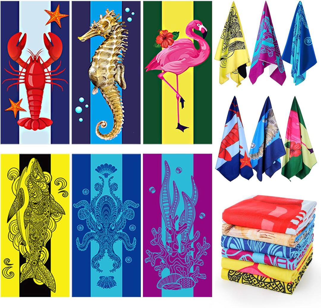 Peryiter 6 Pcs Oversized Microfiber Beach Towels 59 x 28 Inch Large Quick Dry Pool Towels Absorbent Camping Travel Blanket Set for Women Men Bath Beach(Summer Style,28 x 59 Inch,Vibrant Colors)