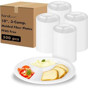 KARAT EARTH 10-Inch Compostable Disposable Paper Plates (500 Pack) 3 Compartment – Heavy-Duty, Molded Fiber, Eco-Friendly Bulk Package (White)