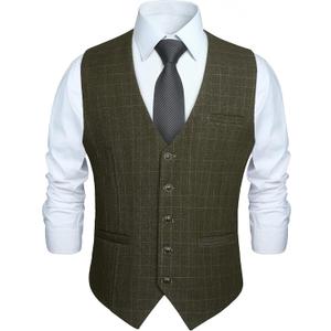 HISDERN Men's Suit Vest Plaid Dress Vest for Men Slim Fit Formal Business Waistcoat Tuxedo V-Neck Solid Vest for Wedding (Medium)