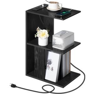 End Table with Charging Station, Narrow Side Table for Small Spaces with USB Ports and Outlets, Bedside Nightstand with Light, Narrow Table for Living Room, Black ETHB18E01