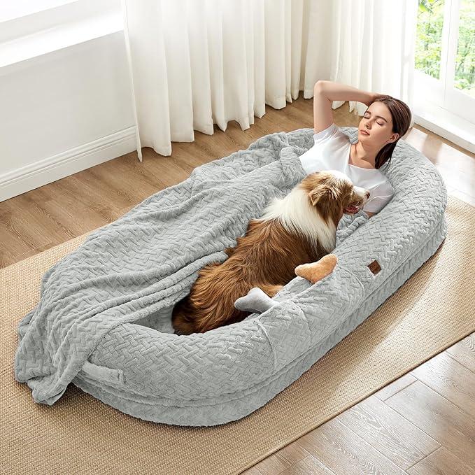 Human Dog Bed for Adult - Luxury Faux Fur Giant Size Dog Bed with Portable Handle, Egg Orthopedic Foam Bed with Blanket, 72"x40"x10", Light Grey