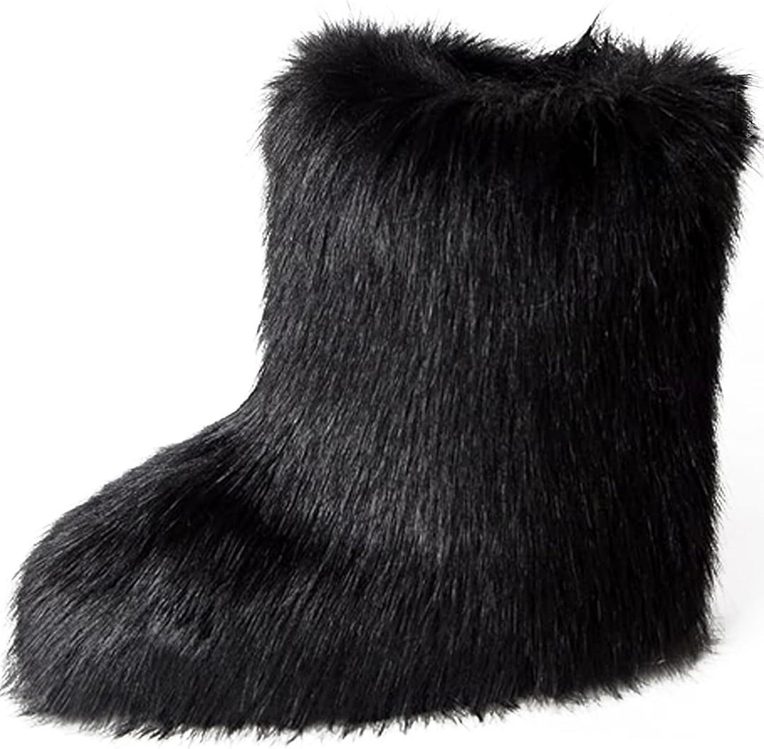 YXCFEWD Fur Boots for Women Winter Fluffy Furry Boots for Girls Flat Heel Snow Boots, 8 Wide (Black)