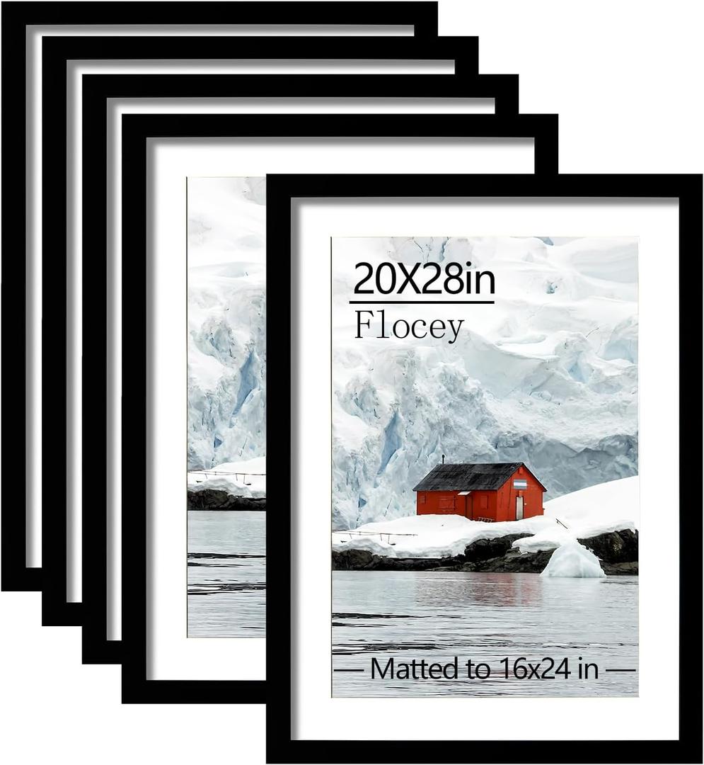 20x28 Picture Frame Set of 5, Black Poster Frame, Display Pictures 16 x 24 with Mat or 20 x 28 Without Mat for Horizontal or Vertical Wall Mounting, Wall Gallery Frame, 20x28-5PACK