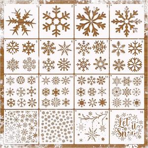 16 Pieces Christmas Snowflake Stencil Reusable Large Winter Stencils Plastic Holiday Crafts Stencils for Window Glass Wall Doormat Wood Decoration (16 Snowflakes)