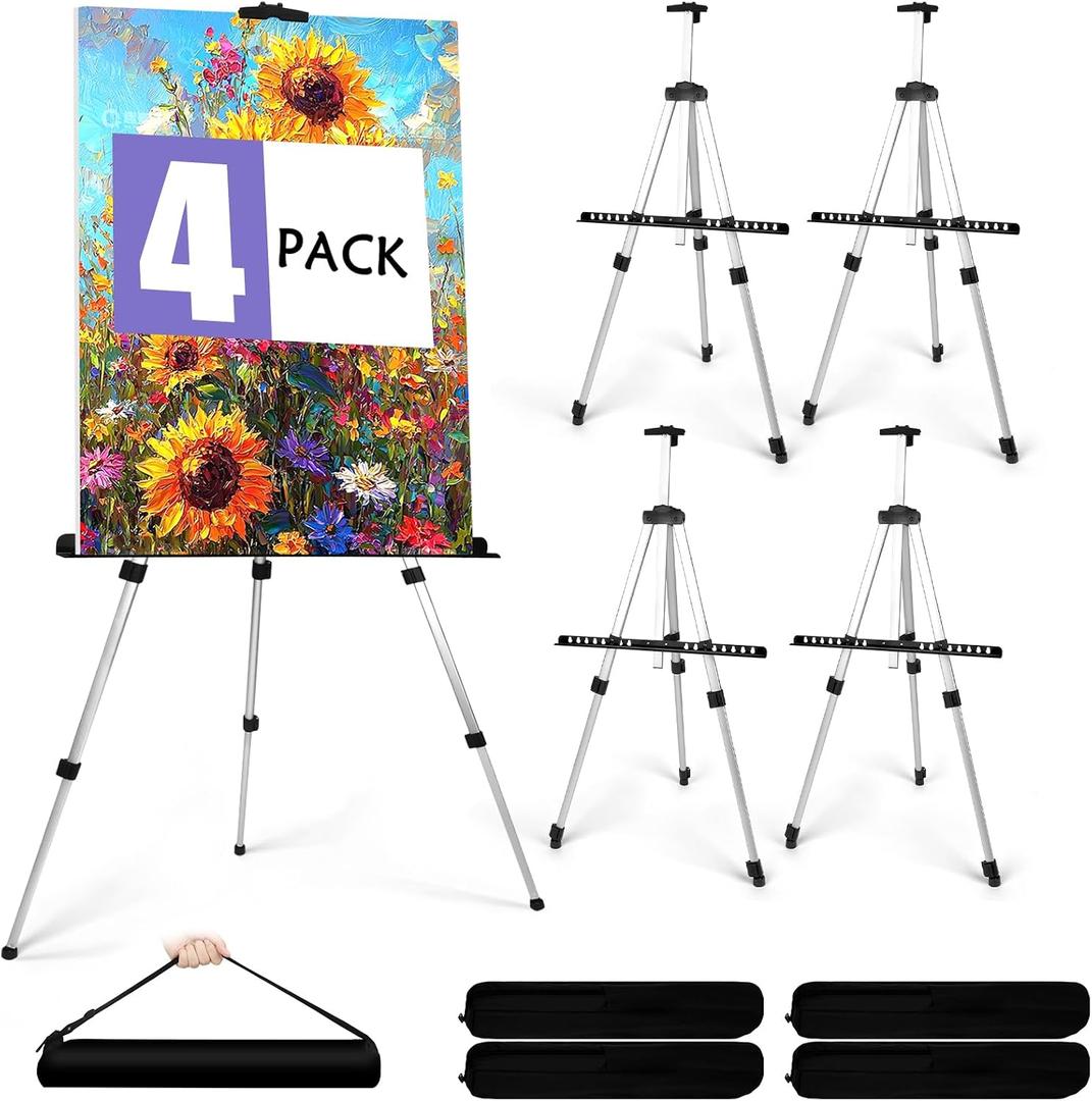 4 Pack Art Painting Artist Easel Stand Adjustable Portable Aluminum Metal Tripod Display Easel with 4 Bag Height from 20-66 Inches Tabletop Art Easel for Table-Top/Floor Drawing and Displaying,Silver