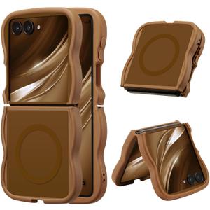 UEEBAI Magnetic for Samsung Galaxy Z Flip 7 5G Case, Compatible with MagSafe, Transparent Wave Frame Design Case Soft Edge Cover Cute Clear Matte Shockproof Protective Phone Case, Gold