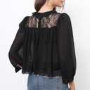 Womens Black Lace Inset Top Semi Sheer Blouse Ruffled Neckline 3/4 Sleeve Casual Shirt (Black, S)