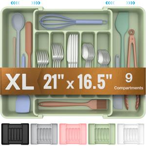 ukeetap Extra Large Expandable Silverware Organizer, BPA-Free Food-Safe Cutlery Flatware Organizer, Kitchen Utensil Drawer Organizer, Adjustable Silverware Holder for Spoons Forks Knives, Green