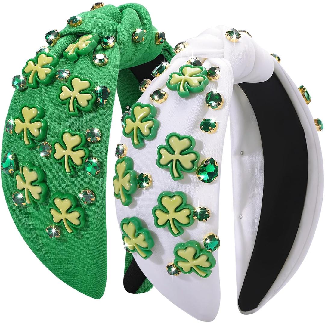 St. Patrick's Day Headband for Women, Lucky Shamrock Hair Accessory with Rhinestones, Green Crystal Knotted Hairband for Irish Holiday, Parade & Party