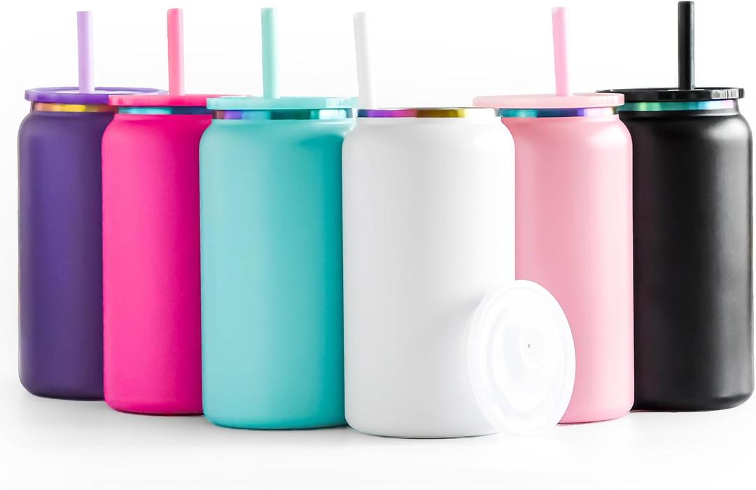 FECBK 6 Pack Glass Cups with Lids and Straws Unbreakable 16 oz Stainless Steel Can Cup Double Wall Insulated Beer Can Tumbler for Iced Coffee, Juice, Soda, Matte-Colored