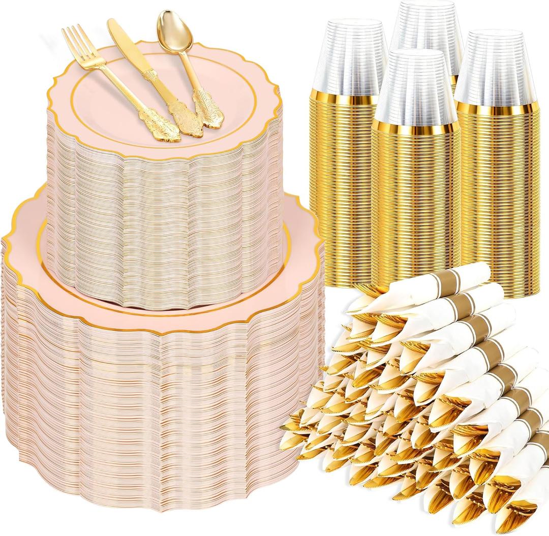 Sylans 700PCS Pink Plastic Plates Disposable Dinnerware Set for 100 Guests | Pink and Gold Plastic Plates, 200 Plates, 100 Rolled Napkins Silverware, 100 Cups for Party, Wedding, Birthday & Baby Shower