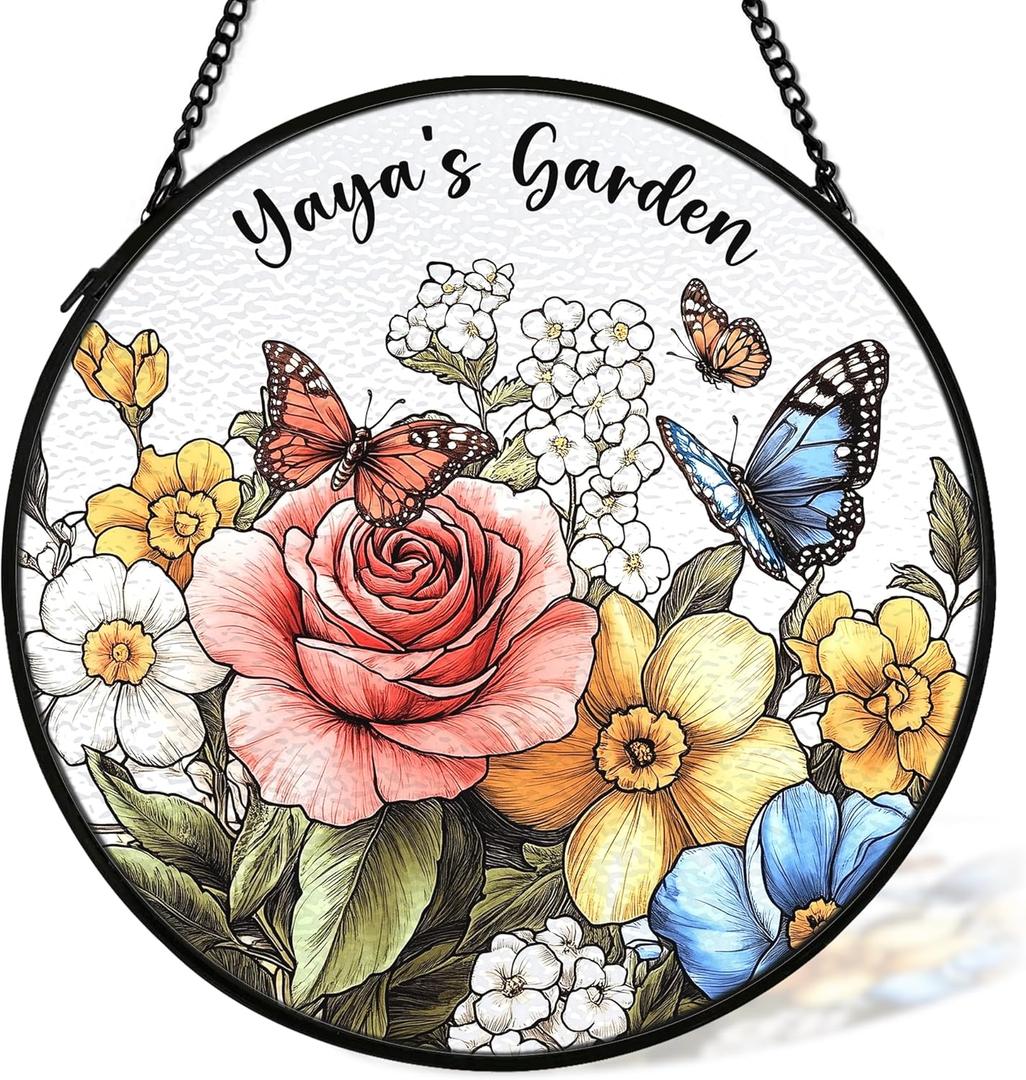 Yaya Mothers Day Christmas Birthday Gifts Suncatcher Stained Glass Window from Grandkids for Yaya Grandma, Grandma Gift Stained Glass Wall Decor, Yaya's Garden Catchers Indoor Window,7.9x7.9In
