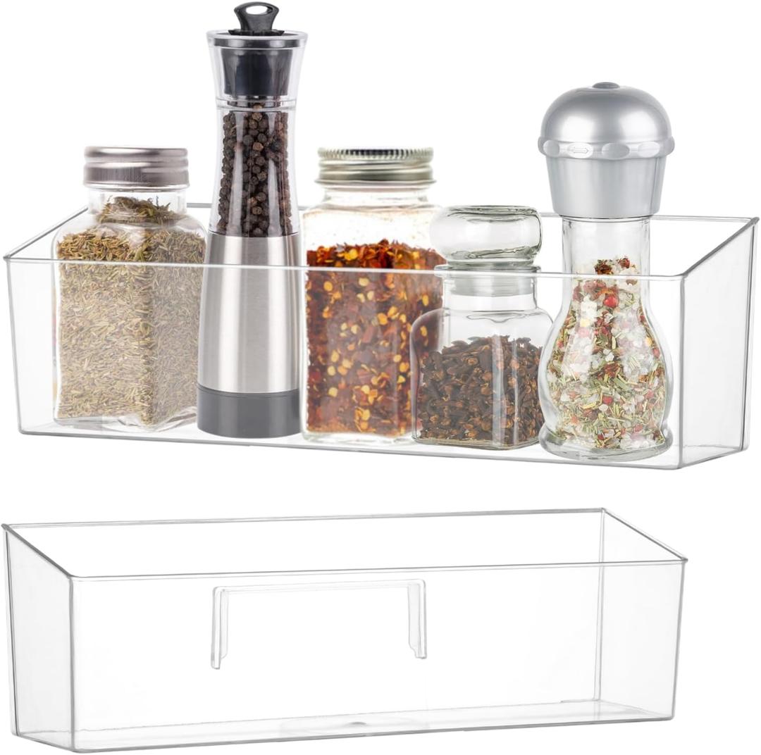 2 Pack Spice Rack, Wall Mounted Storage Organizer Bins, Clear Plastic Seasoning Jars Rack Condiment Bottles Shelf Removable Makeup Organizer for Kitchen Cabinet Doors Pantry RV Organization