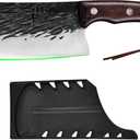 FULLHI Butcher Knife with Sheath, High Carbon Steel Kitchen Knife Vegetable Cleaver Chinese Cooking Knife, Full Tang Forged Chef Knife for Outdoor Camping BBQ (Brown)