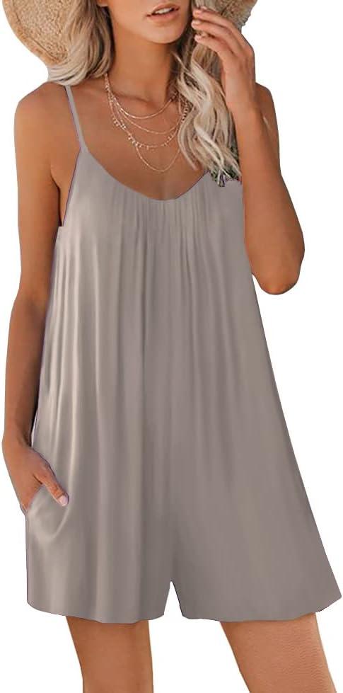 STOLKISS Women Casual Jumpsuits Summer Sleeveless Romper Shoulder Strap Loose Adjustable Stretchy Shorts Rompers with Pockets (XX-Large, Y009 Grey)