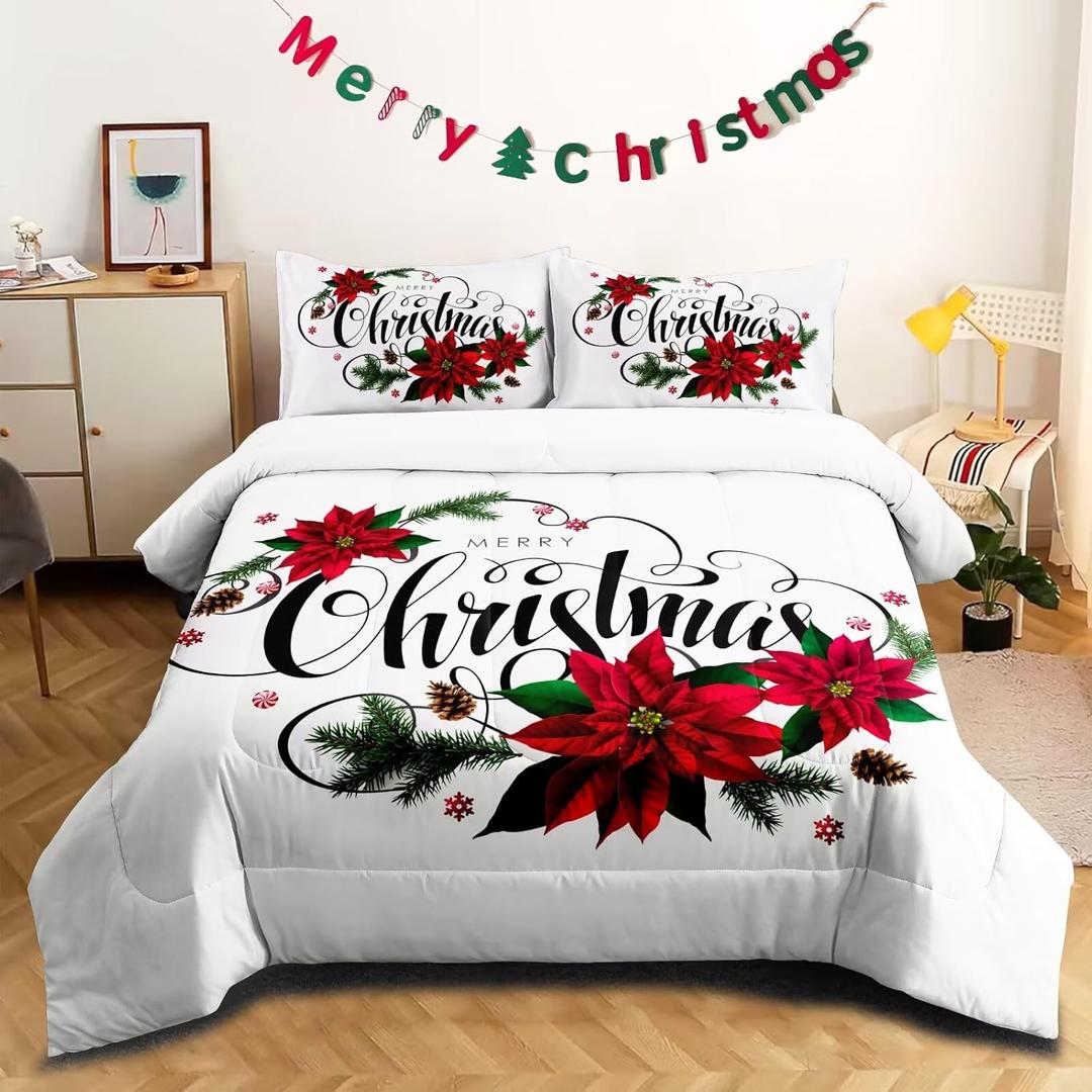 Christmas Comforter Queen,Xmas Bedding Set Set,Red Poinsettia Flowers Comforter Merry Christmas Bed Bedroom Set Home Decor for Kids Girls Women White