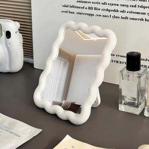 Wave Shaped Table Desk Vanity Makeup Mirror Cute Portable Travel Folding Make Up Mirror for Standing Hanging 6.7X5.3 Inch Home Decoration (White)