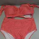 Herseas Womens Bikini Sets Two Piece Full Coverage Swimsuits Shoulder Strap Knot Padded High Rise Tummy Control Bathing Suits Teens Beach Vacation Clothes Red Checkerboard Medium