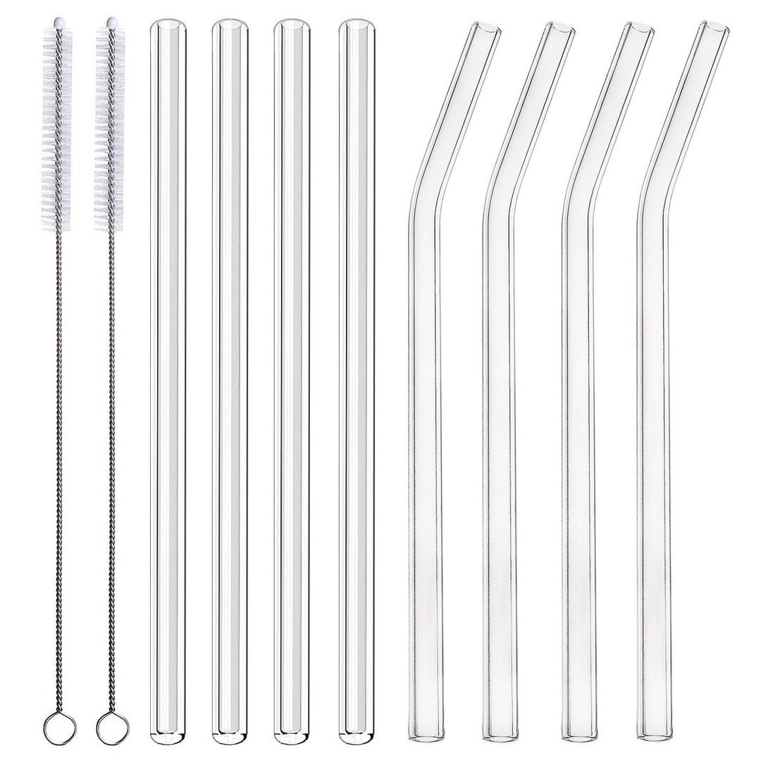 ALINK Glass Smoothie Straws, 10" x 10 mm Long Reusable Clear Drinking Straws, Pack of 8 with 2 Cleaning Brush,