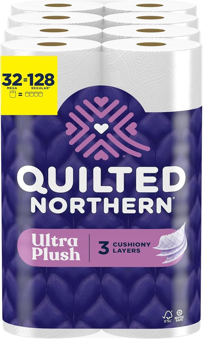 Quilted Northern Ultra Plush Toilet Paper, 32 Mega Rolls = 128 Regular Rolls, 3X Thicker*, 3 Ply Soft Toilet Tissue