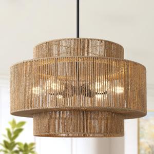 24" Large Rattan Chandelier,6-Light Wicker Light Fixture
