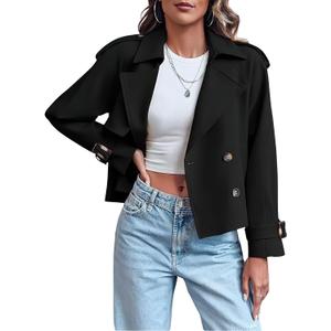ebossy Women's Double Breasted Short Duster Trench Coat Lapel Loose Windproof Cropped Jacket Coat with Pockets, XL