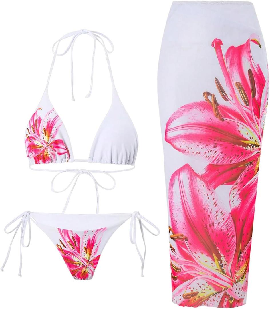 GORGLITTER Women's 3 Piece Swimsuits Floral Print Halter Triangle Tie Side Bikini Set with Cover Up Skirt (Large, White and Pink)