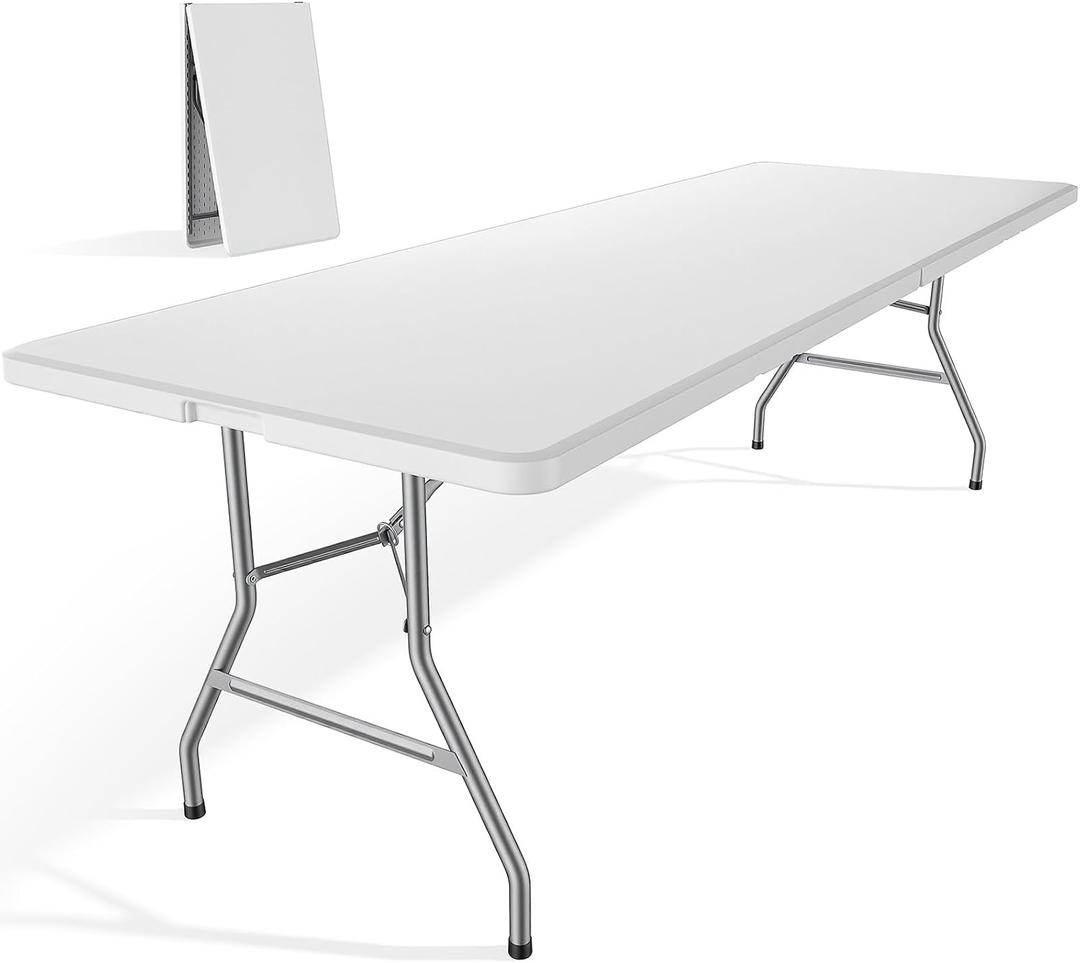 DUMOS 8 Feet Folding Picnic Table, Plastic Table with Carrying Handle, Heavy Duty Portable Table for Camping Party, White | Portable Folded Size, Dining Party Outdoor Indoor, Carrying Handle, Easy to Keep