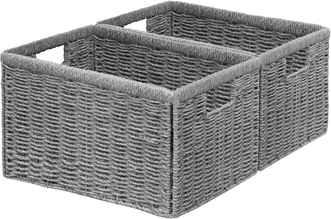 Vagusicc 2 Packs Large Wicker Storage Basket, Closet Storage Baskets Bins for Shelves, Decorative Collapsible Baskets for Organizing Clothes Toy Nursery Bathroom Organizers and Storage, Grey, Size: Large