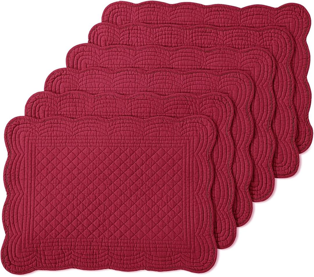 MABOZOO 100% Cotton Quilted Placemats Set of 6, Washable Cloth Table Placemats for Kitchen & Dining Table, Rectangular Red Plate Mats (Red, 6)
